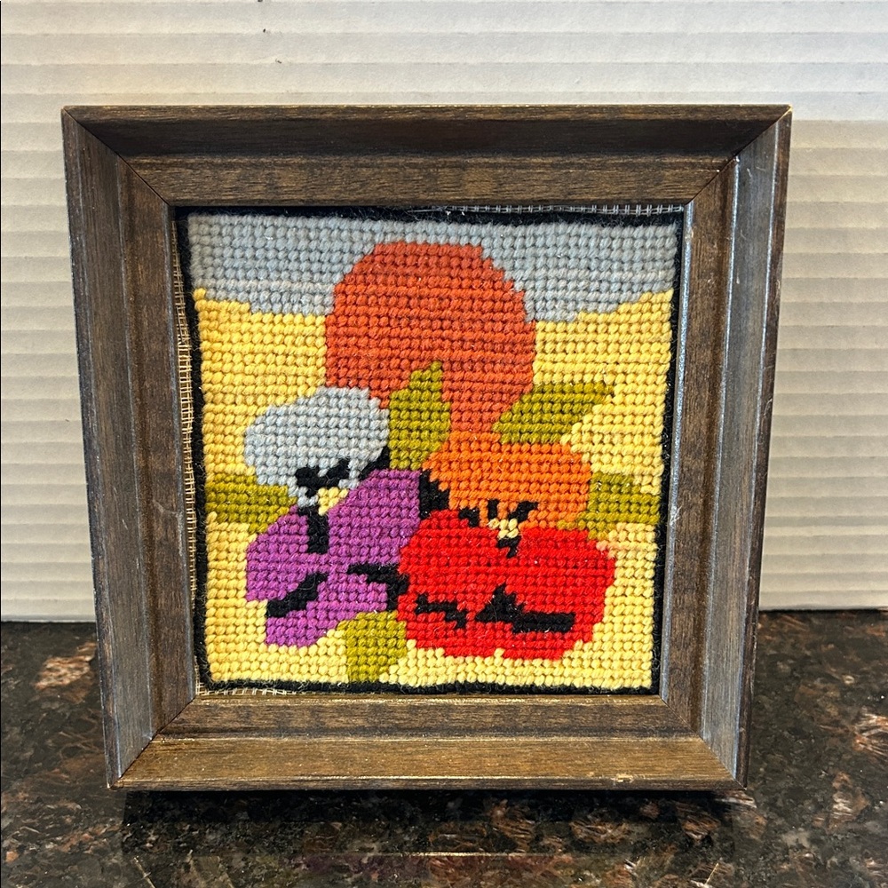 Framed Vintage Floral Needlepoint Wall Art - Bright Multi-Color